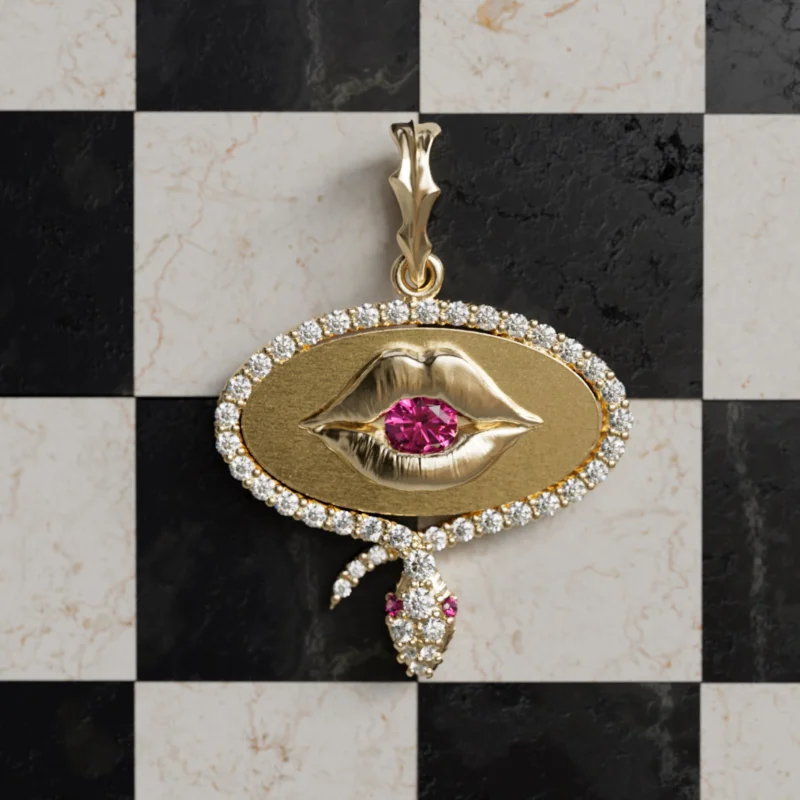 Lover Lips Snake Trompe-l’il Surrealist Unique Pendant with Pink Sapphire and Lab Diamonds