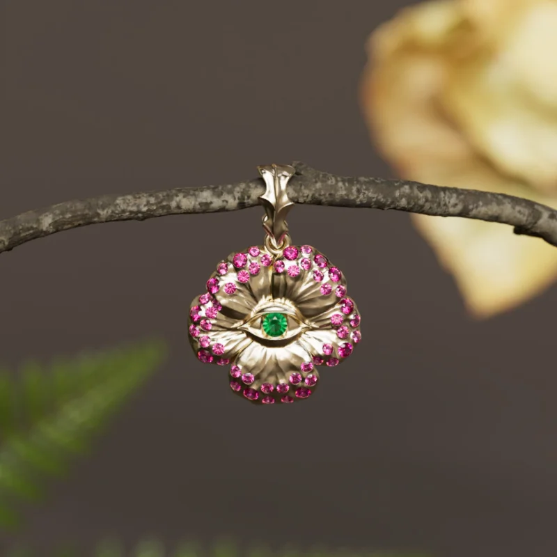 Mini Looking Glass Flower Pendant Unique Nature Necklace with Pink Sapphires and Emeralds