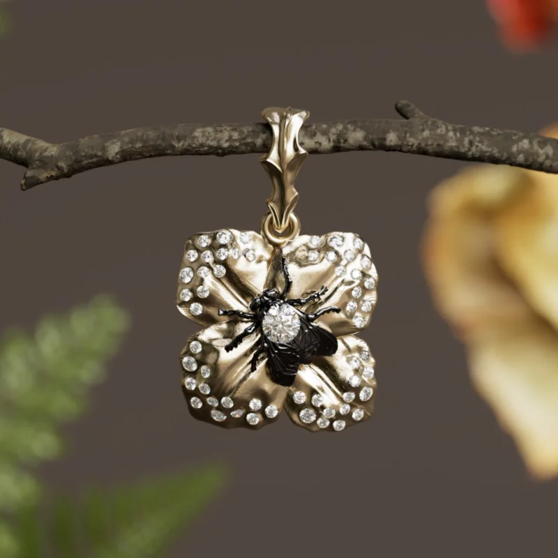 Saint Narcis Unique Flower Fly Bug Pendant Necklace with Lab Diamond