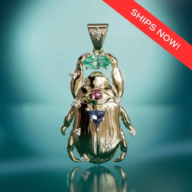 Treasure Beetle Pendant Unique Surrealist Charm in Emerald and Sapphire