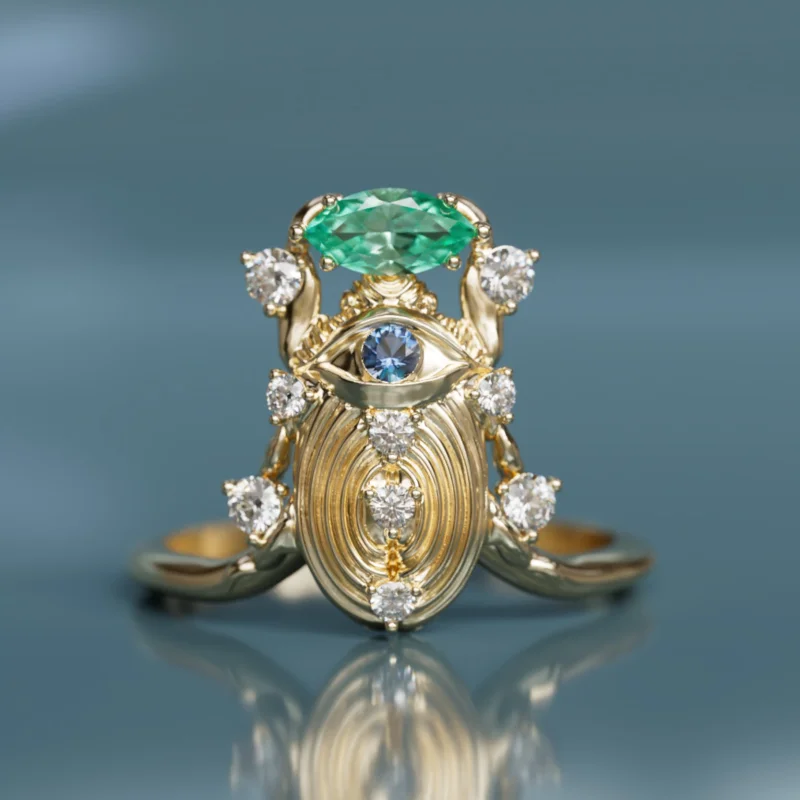 Treasure Beetle Unique Surrealist Ring with Blue Sapphire and Emerald