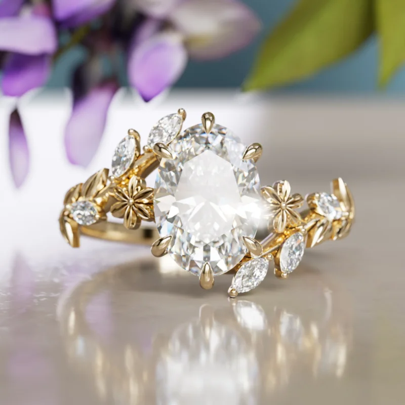 Wisteria Flower Engagment Ring Oval Lab Diamond Nature Inspired (Setting Only)