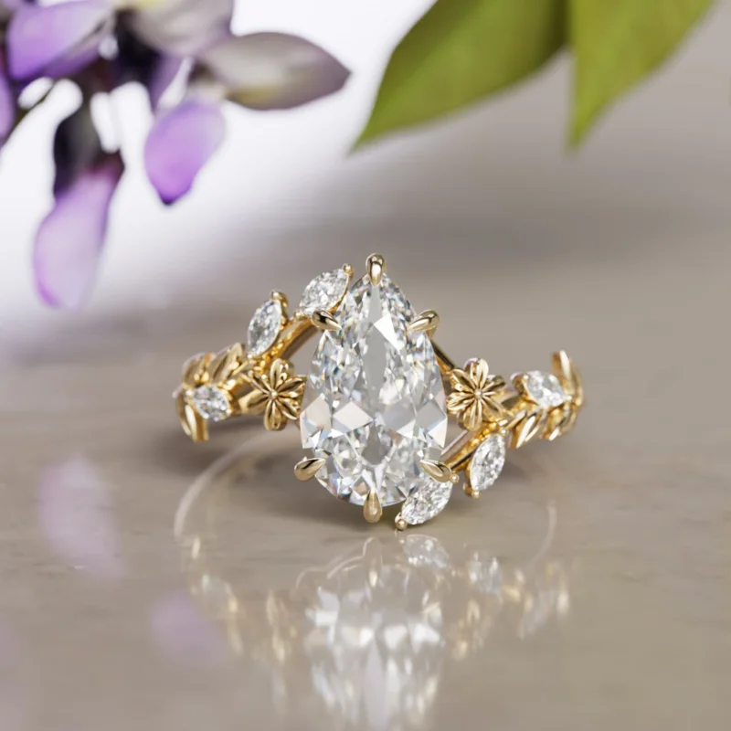 Wisteria Flower Engagment Ring Pear Lab Diamond Nature Inspired (Setting Only)