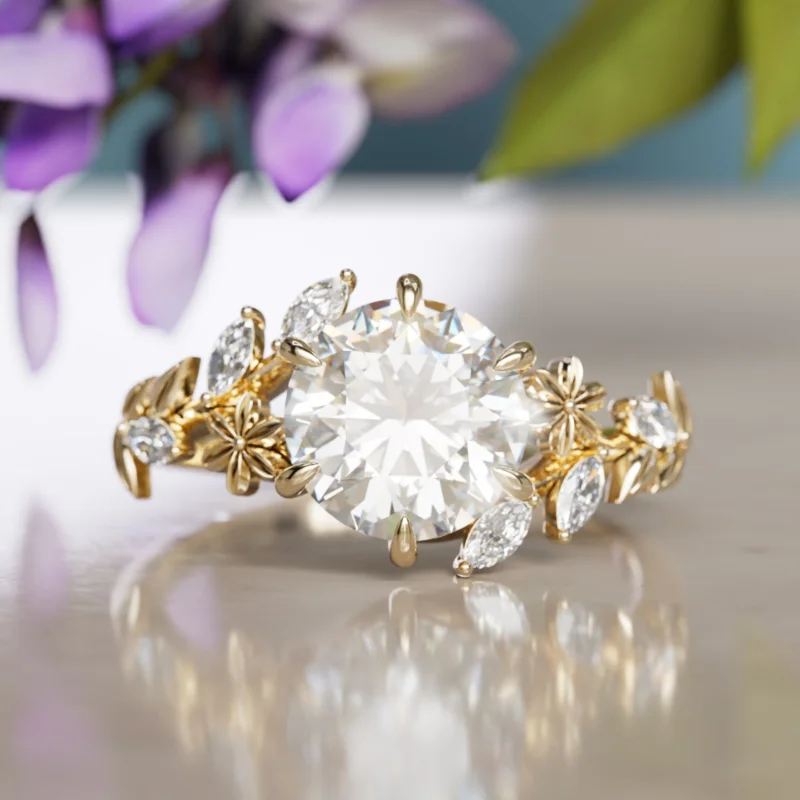 Wisteria Flower Engagment Ring Round Lab Diamond Nature Inspired (Setting Only)