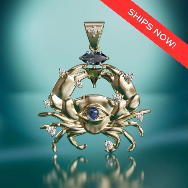 Treasure Crab Pendant Unique Surrealist Charm in Green Tourmaline and Sapphire