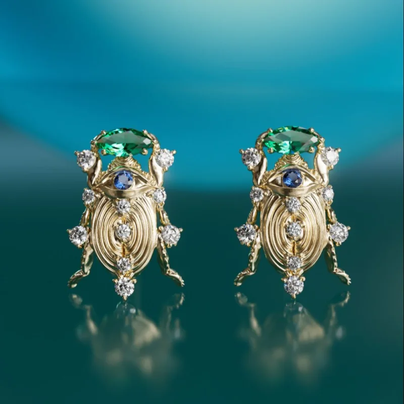 Treasure Beetle Unique Surrealist Earring with Blue Sapphire and Emerald