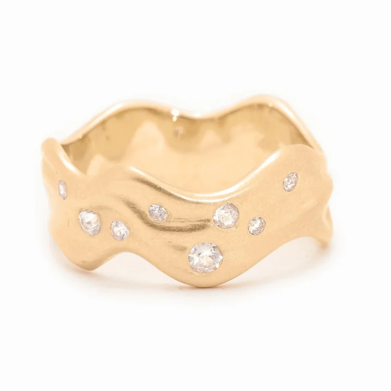 Wave Ring: Ocean Inspired with Diamonds Molten Textured Wide Band