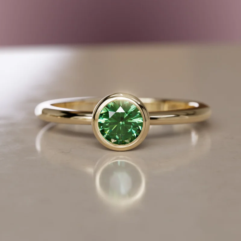 Taiga Green Sapphire Solitaire Dainty Modern Unique Bezel Engagement Ring