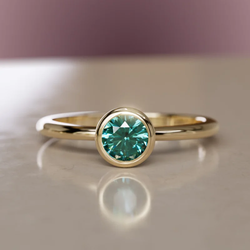 Taiga Teal Sapphire Solitaire Dainty Modern Unique Bezel Engagement Ring