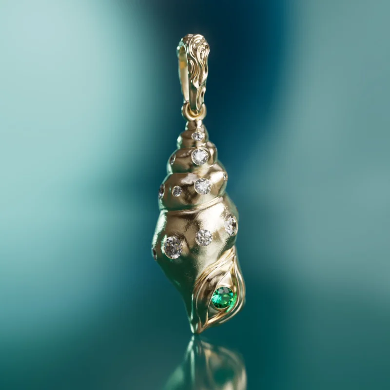 Fibonacci Seashell Pendant Unique Surrealist Charm in Emerald