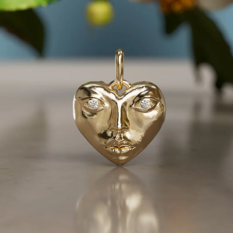 Mini Dolly Locket Trompe-l’il Surrealist Unique Heart Charm Lab Diamond Gold Pendant