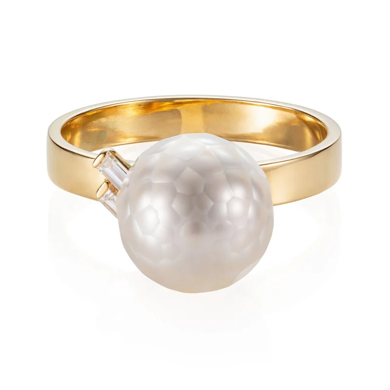 Faceted White Pearl Diamond Baguette Ring