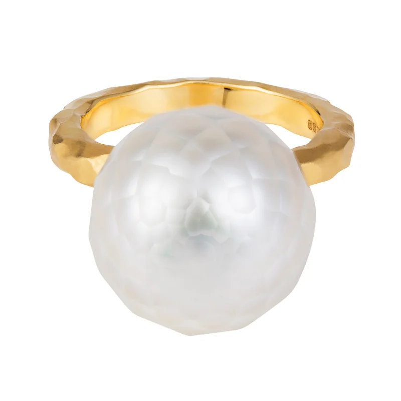 Faceted White Pearl Ring With Hammered Band