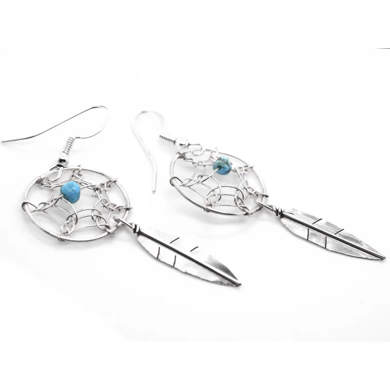 Zuni Dreamcatcher Earrings with Natural Stone Bead Onyx