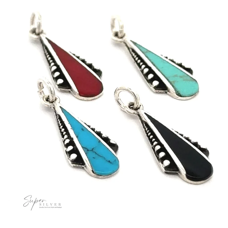 Teardrop Pendant with Inlaid Stones and Ball Border Blue Turquoise