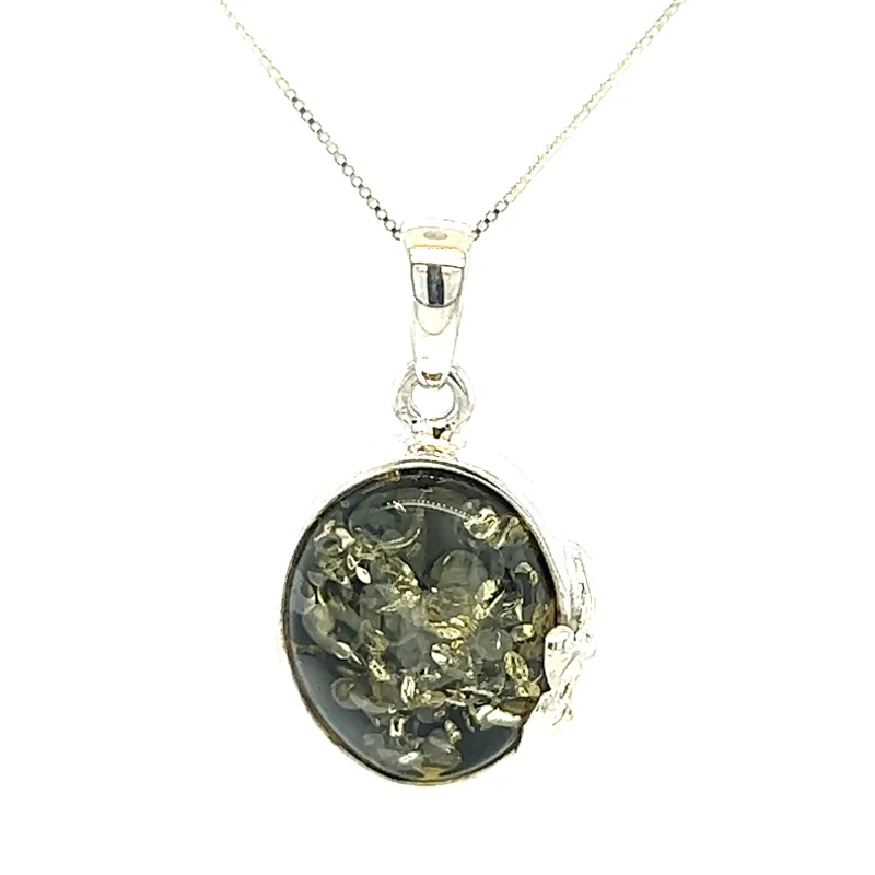 Green Amber Oval Pendant with Delicate Leaf