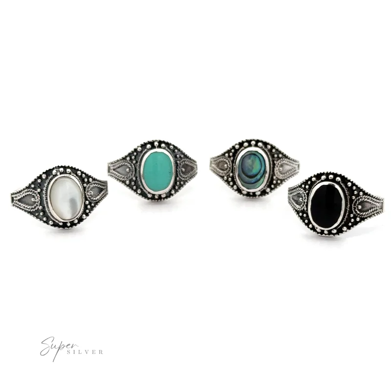 Vintage Style Oval Shield Ring with Inlaid Stones Abalone