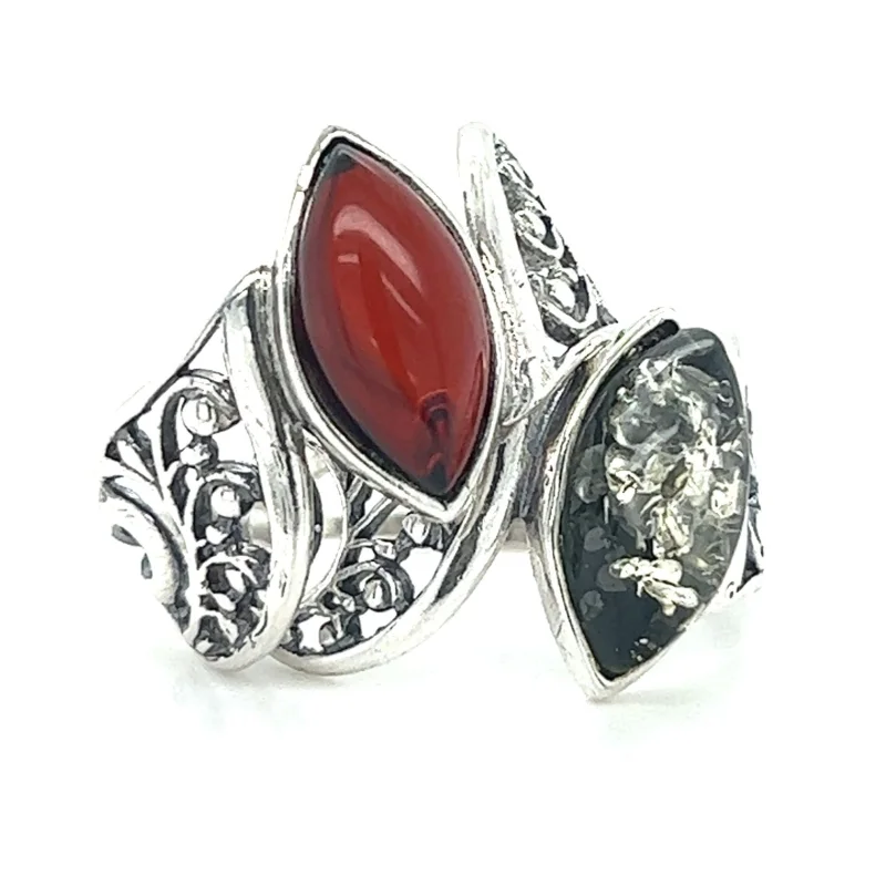 Wide Filigree Band Baltic Amber Ring Cherry