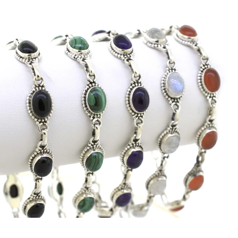 Oval Gemstone Bracelet With Ball Border