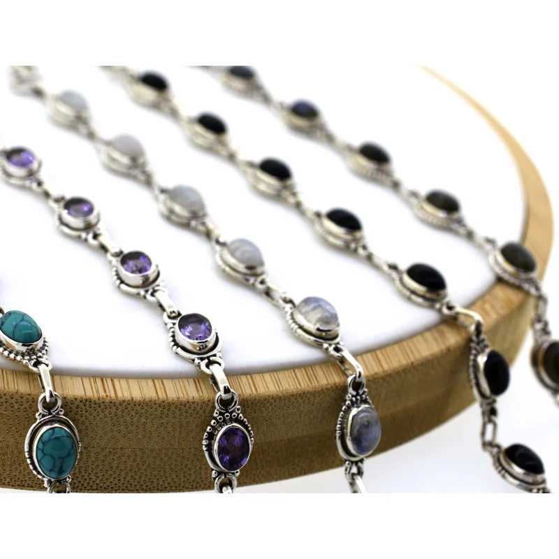 Oval Gemstone Bracelets With Half Ball Border