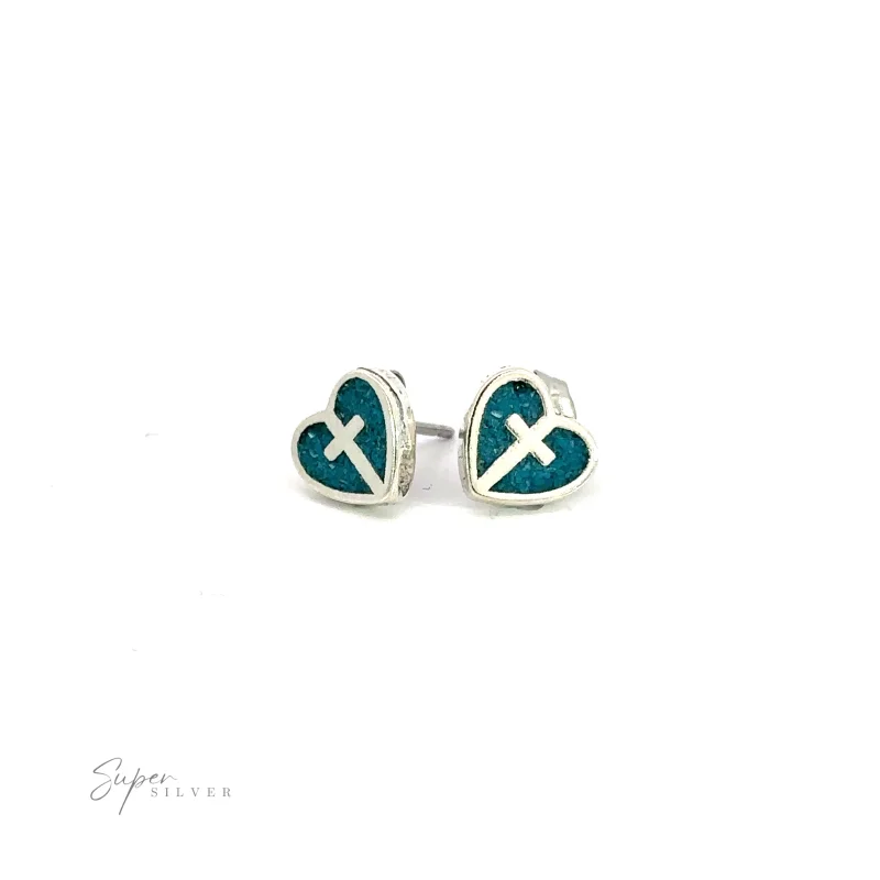 Turquoise Heart Studs with Silver Cross