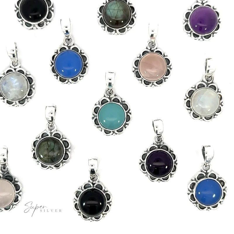 Round Gemstone Pendant with Flower Border