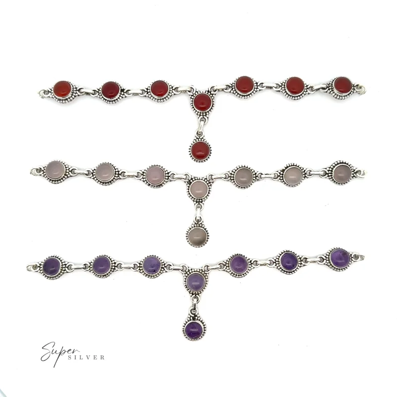 Round Gemstone Y Necklace with Ball Border