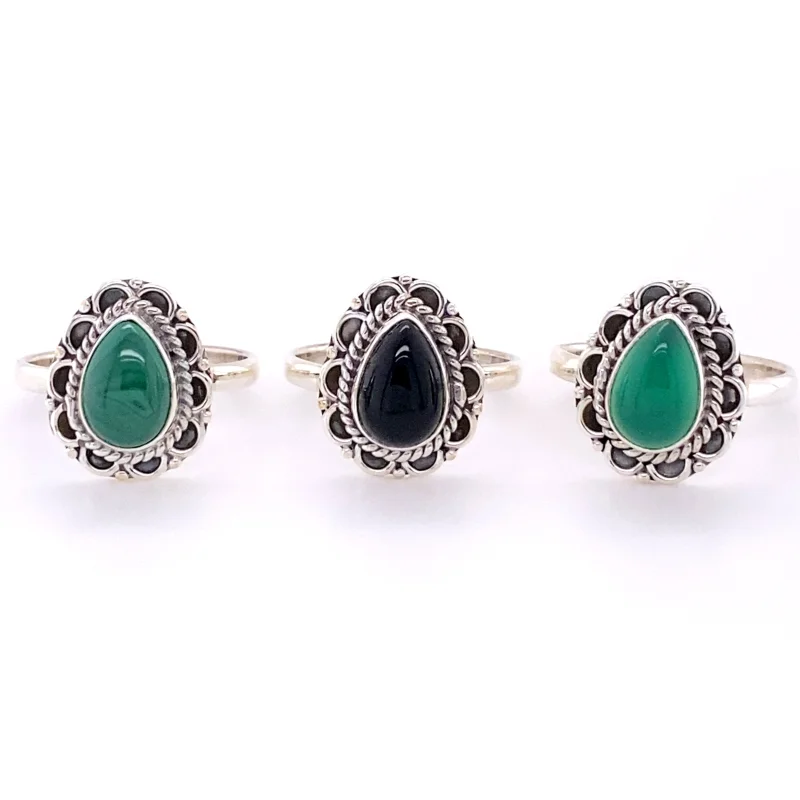 Teardrop Gemstone Ring with Flower Filigree Border Aventurine