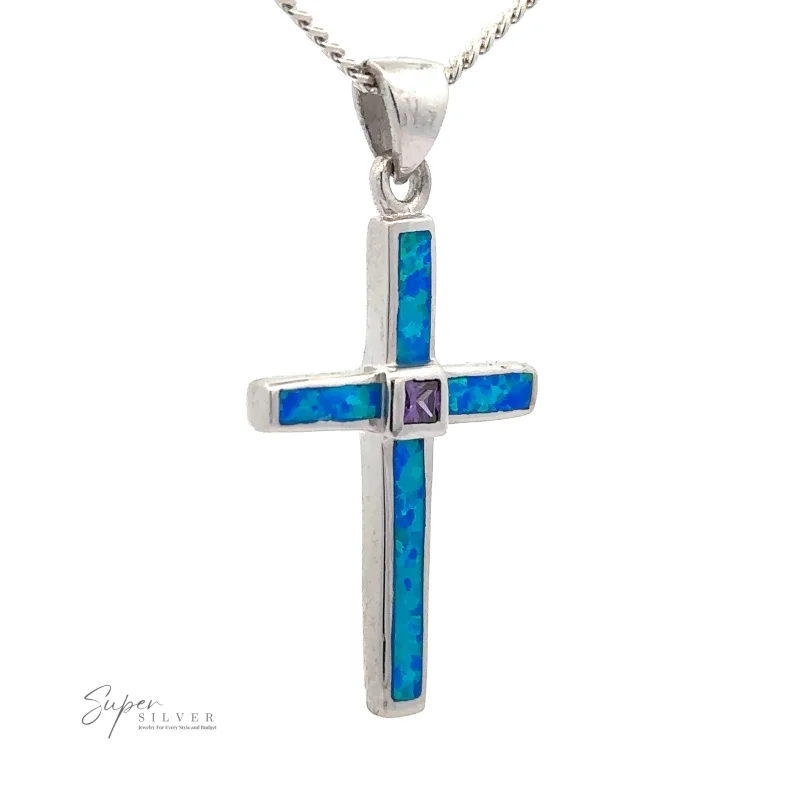 Blue Opal Cross Pendant With Amethyst Stone