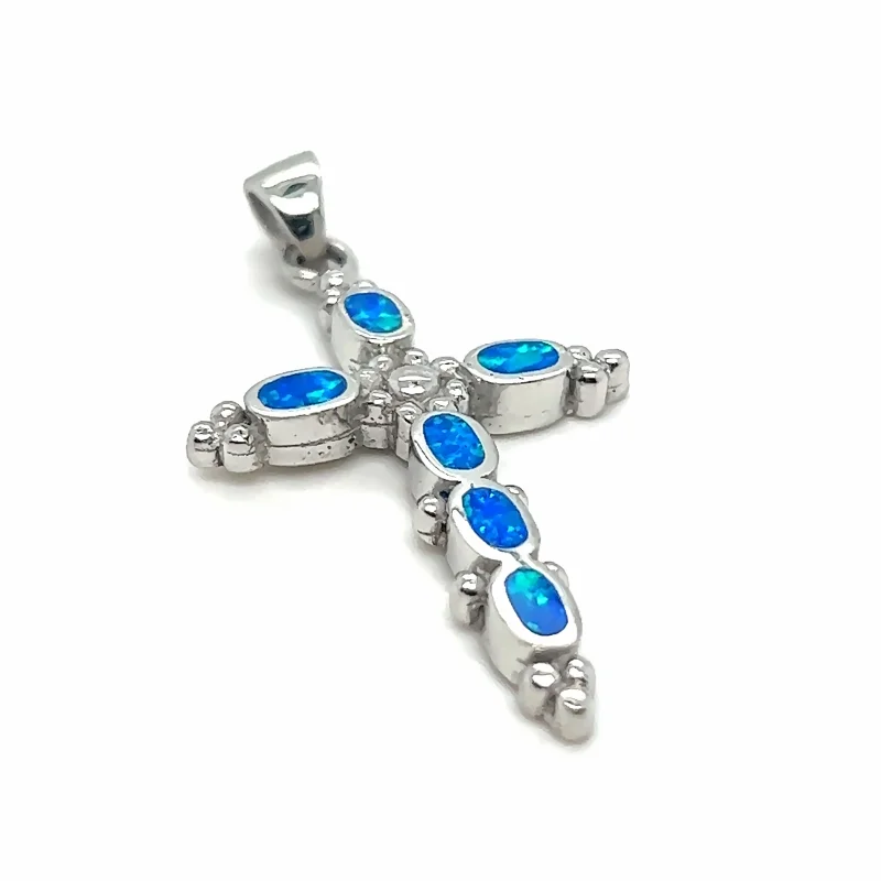 Blue Opal Cross Pendant With Oval Stones