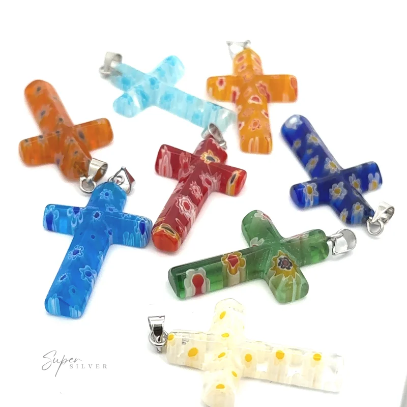 Cross Pendant with Flower Pattern Blue Cross with Blue Flowers