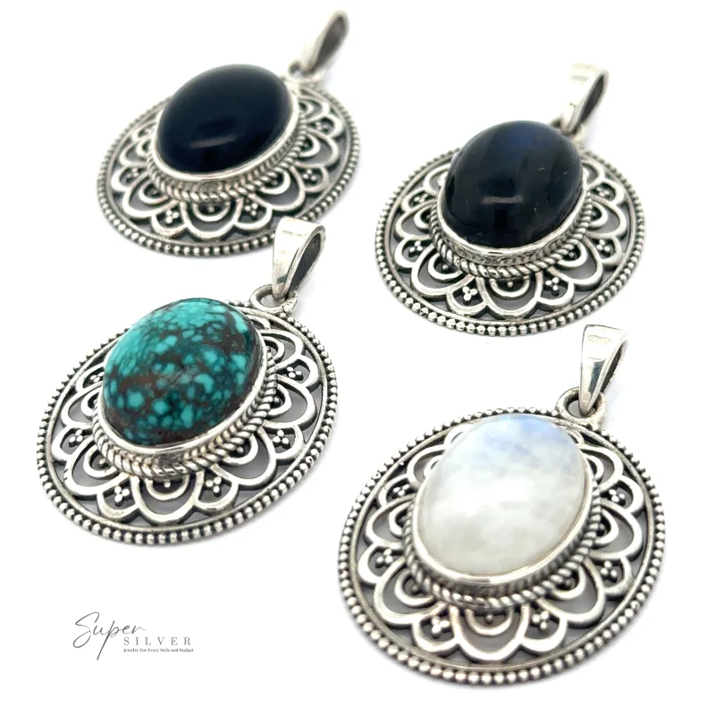 Oval Stone Pendant with Filigree Border