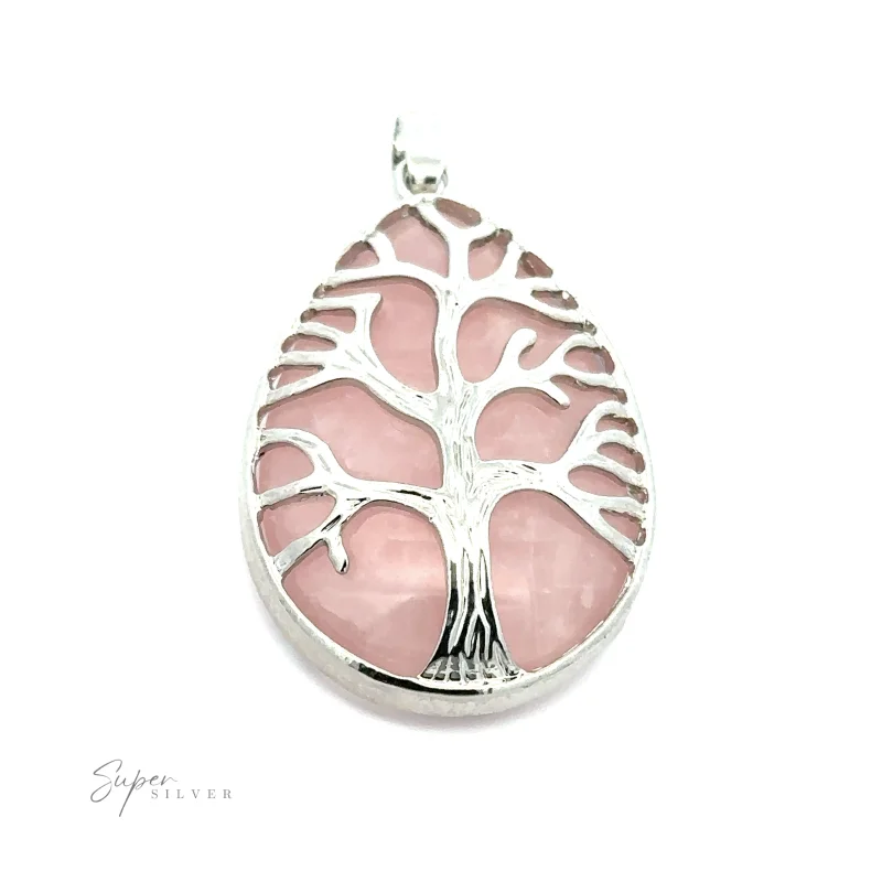 Teardrop Shape Stone with Silver Plated Tree Of Life Pendant