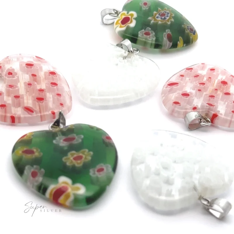 Heart Pendant with Flower Pattern Clear with Red Flowers