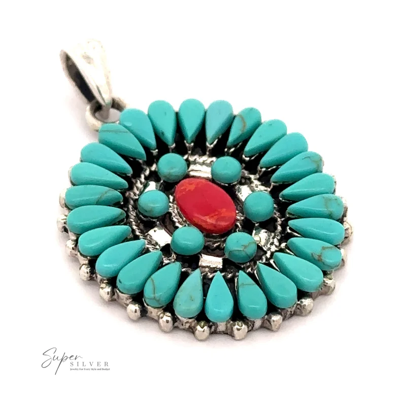 Turquoise Pendant With Coral Center