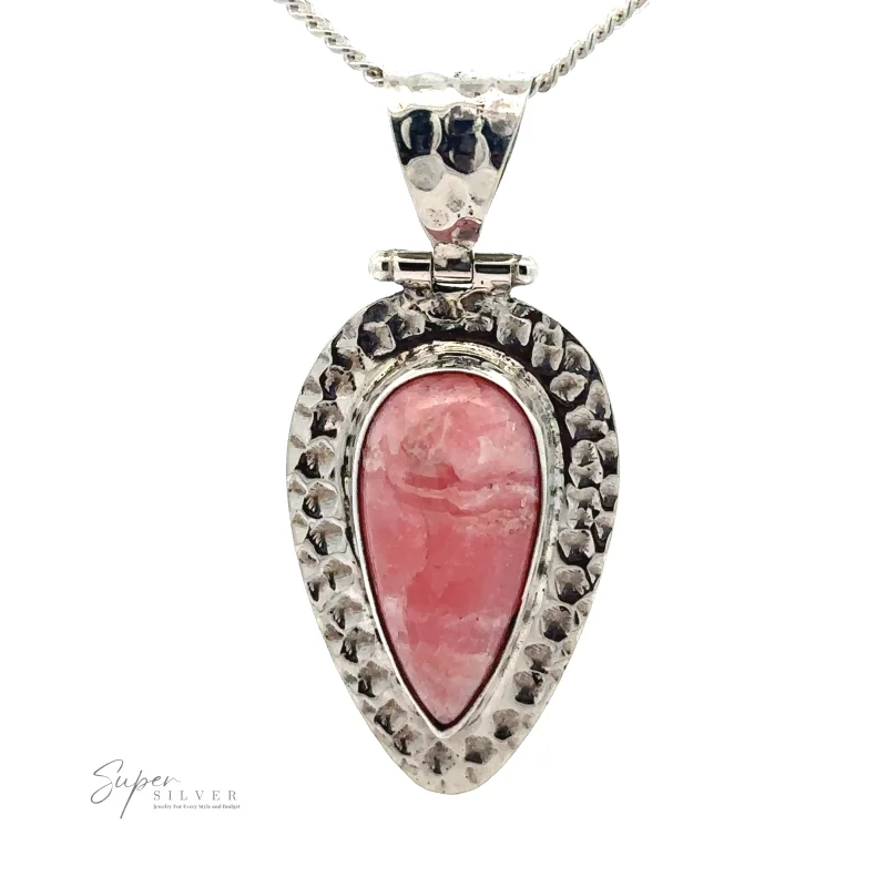 Rhodochrosite Hammered Teardrop Pendant