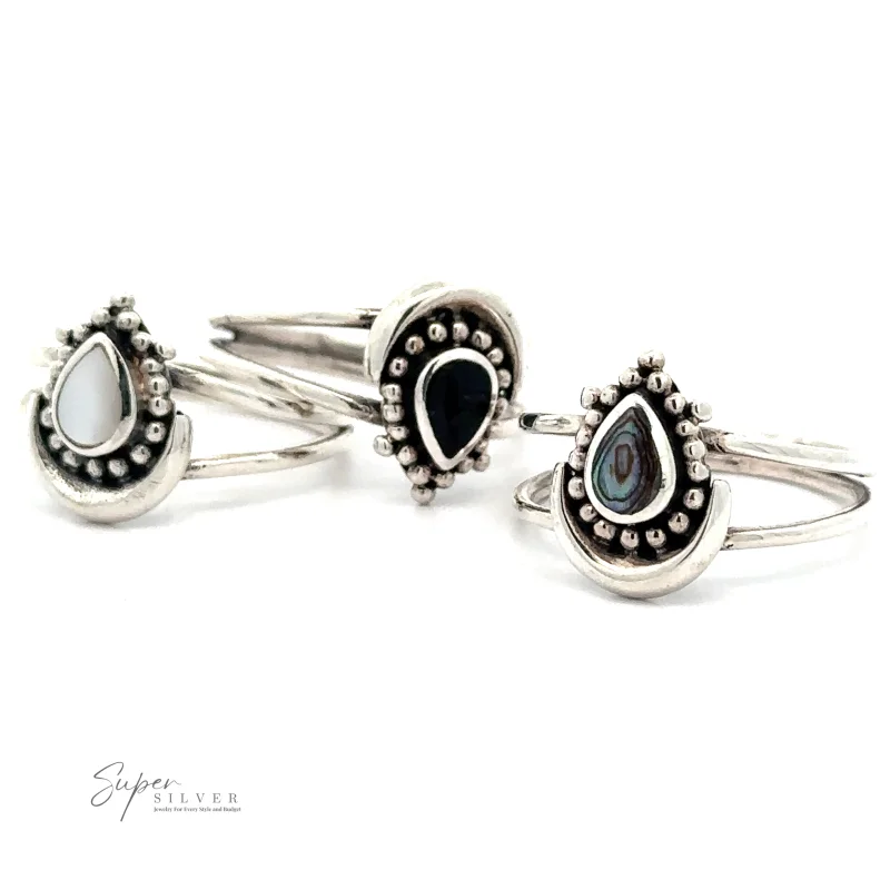 Teardrop Ring With Inlaid Stone and Crescent Moon