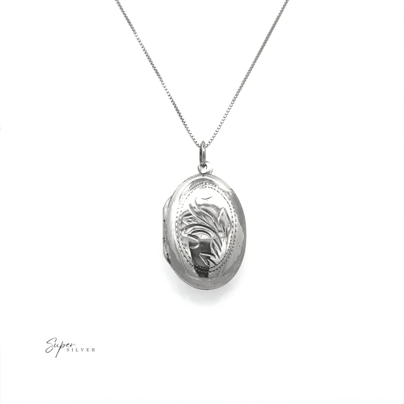 Oval Silver Locket with Leaf Design