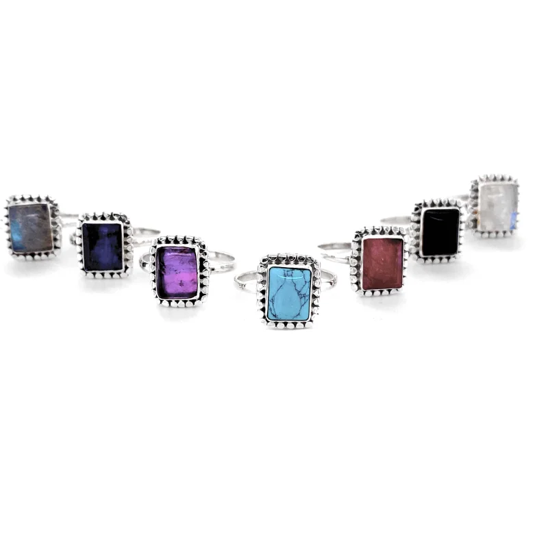 Square Ring with Natural Gemstones Amethyst