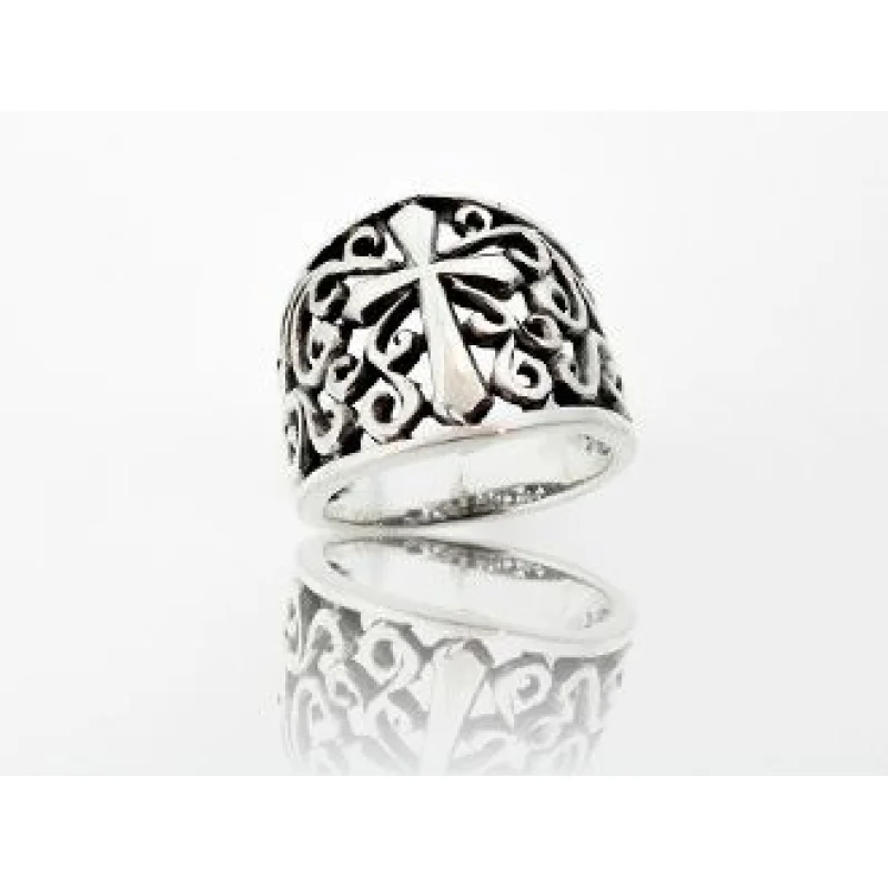 Thick Band Cross Ring With Open Filigree