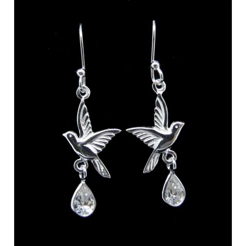 White Cubic Zirconia Silver Birds Earrings
