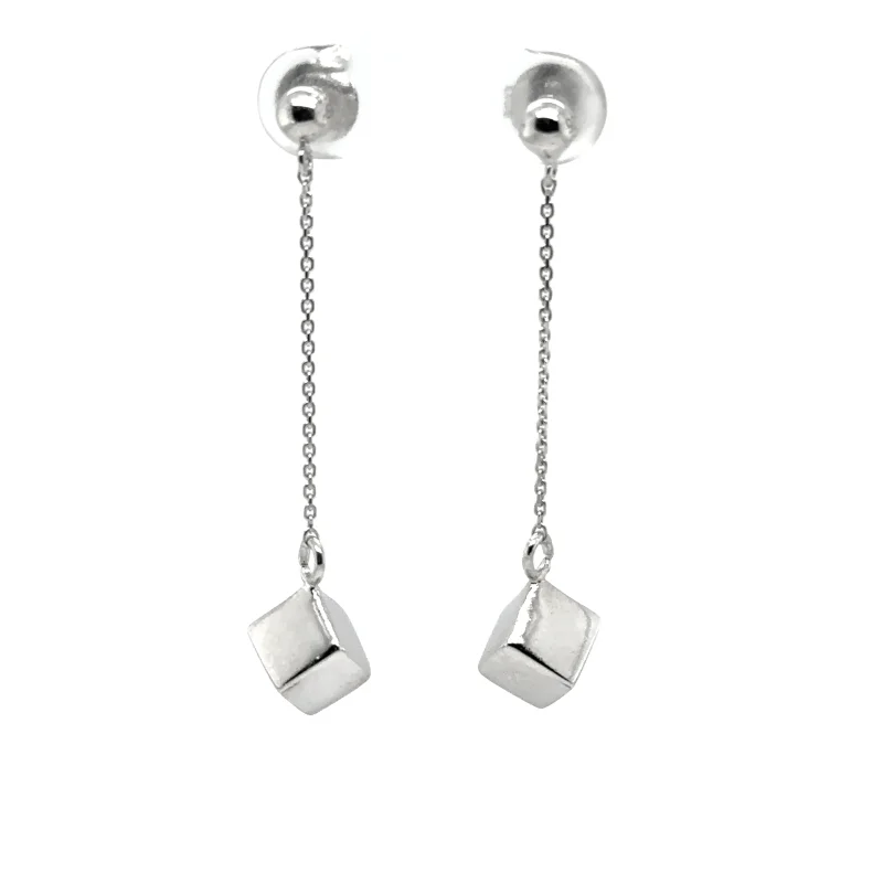 Silver Drop Earrings with a Solid Cube
