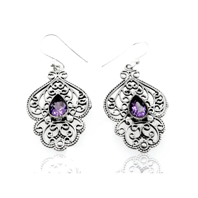 Teardrop Amethyst Earrings With Freestyle Silver Design
