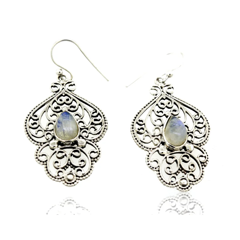Teardrop Moonstone Earrings With Freestyle Silver Design