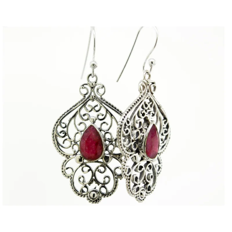 Teardrop Ruby Earrings With Freestyle Silver Design