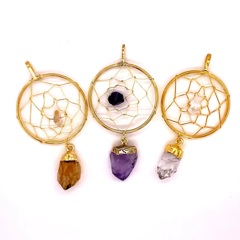 Gold Dreamcatcher Pendant with Gemstone Point Amethyst