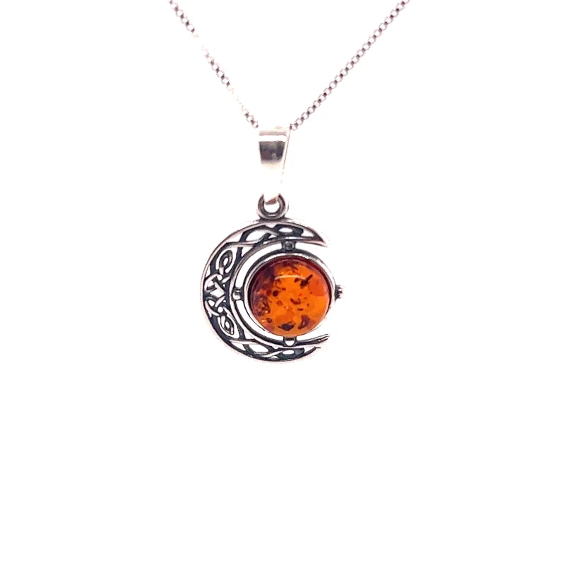 Celtic Amber Crescent Moon Pendant Cognac Amber