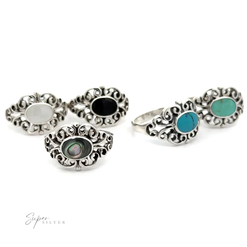 Victorian Filigree Inlay Stone Ring Abalone