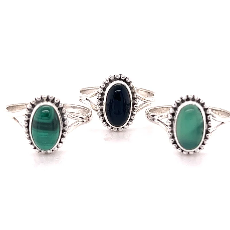 Stylish Oval Gemstone Ring with Ball Border Aventurine