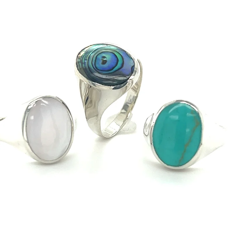 Sleek Oval Inlaid Stone Signet Ring Abalone
